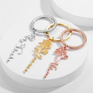 Creative DIY Personalized Stainless Steel Birthday Flower Keychain | Keychains Jewelry Keychains