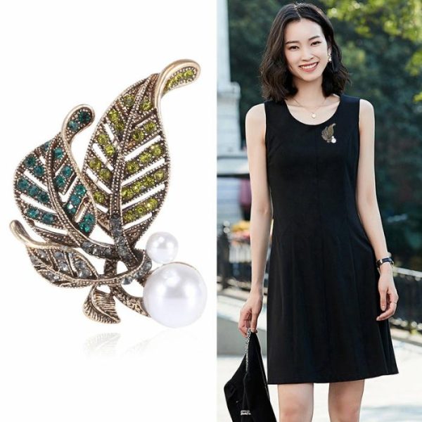 Fashion Retro Creative Rhinestone Pearl Leaf Brooch All-matching Graceful Pin Accessories | Brooches Brooches Brooches