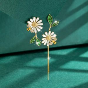 Floral Bee Painted Oil Leaf Asymmetrical Long Tassel Earrings | Brooches Brooches Brooches