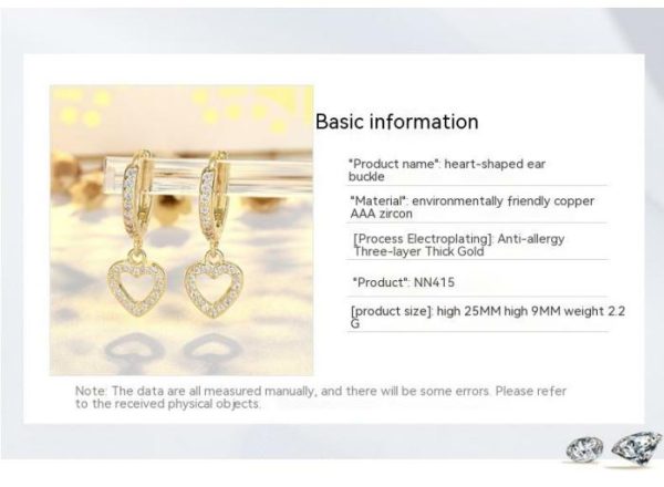 New French Retro S925 Sterling Silver Full Inlaid Love Heart Earrings High-grade Light Luxury Ear Clip Gold Plated | Earrings Earrings Earrings