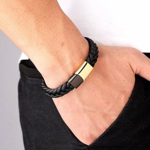 Stainless Steel Titanium Two-tone Buckle Leather Cord Bracelet | Bracelets & Bangels Bracelets & Bangels Bracelets & Bangels